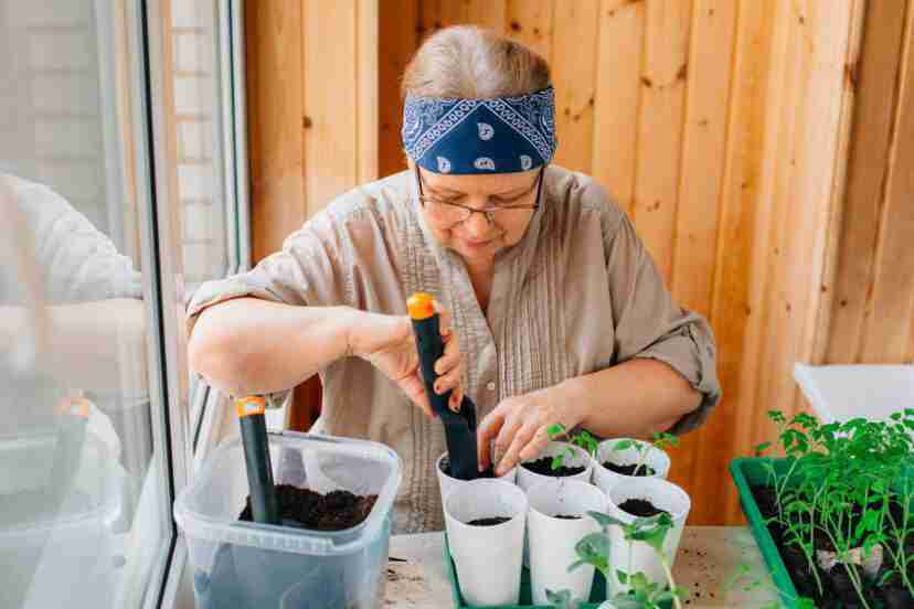 A woman working on her indoor garden.