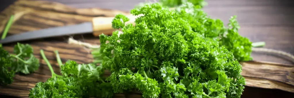 Parsley on a wooden cutting board with a knife