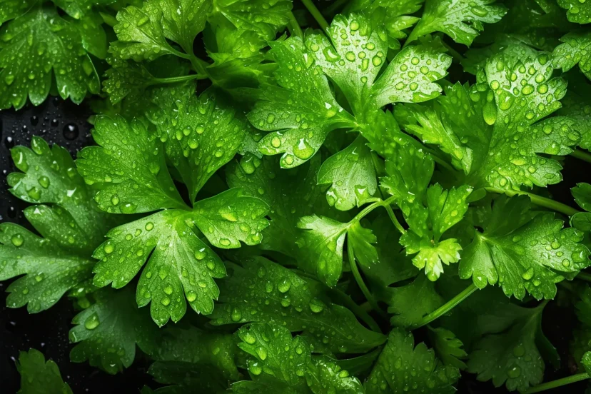 Fresh green cilantro leaves covered with dew.