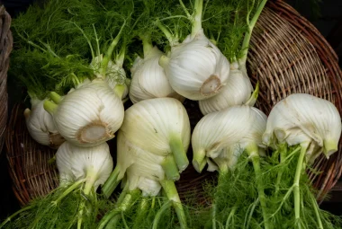 Fennel bulbs in a brown wicker basket.
