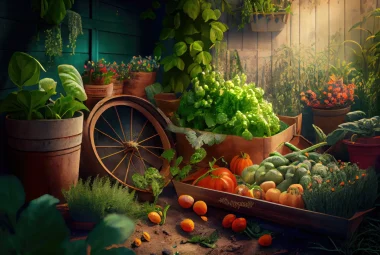 An artistic view of herbs an vegetables in a rustic setting.