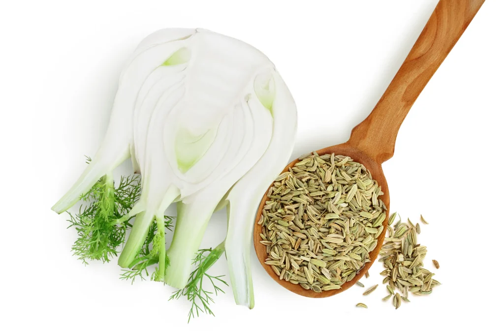A fresh fennel bulb cut in half with a wooden spoon full of seeds.