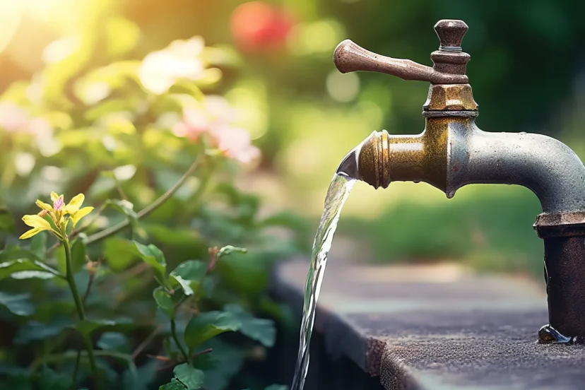 An old faucet running water into the garden.