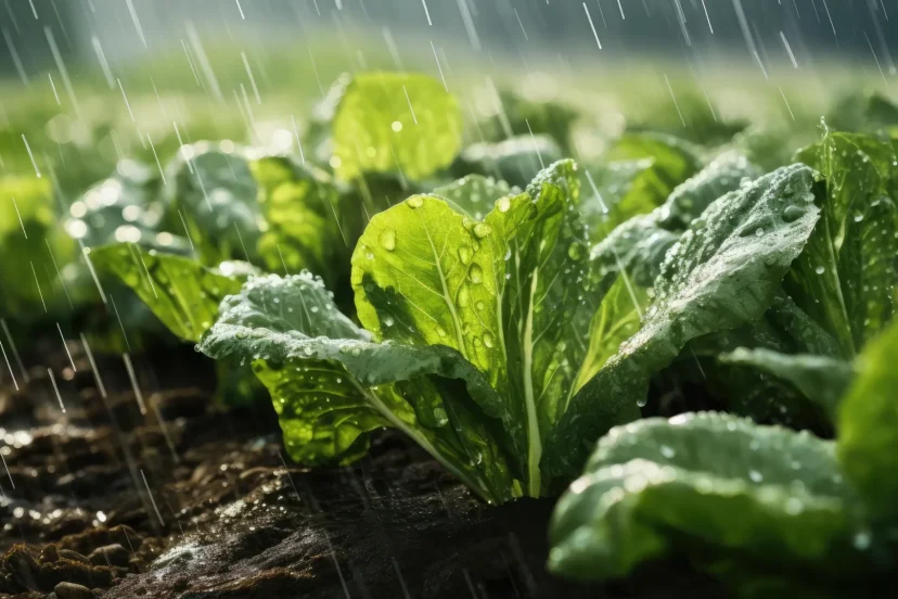 Rainwater on green plants in a garden.