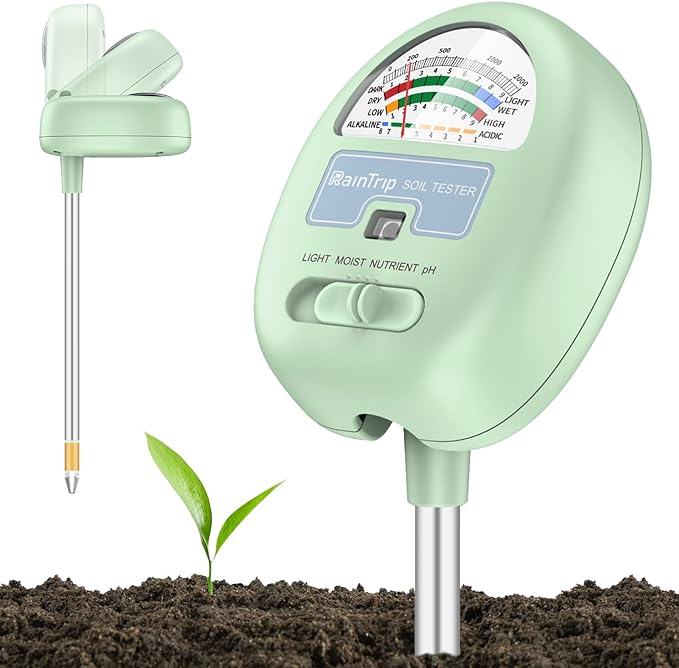 4-in-1 soil testing analog meter for moisture, pH, nutrients, light.