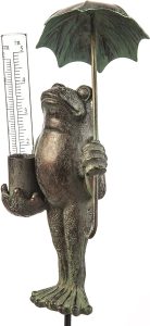 Metal frog with umbrella rain gauge.