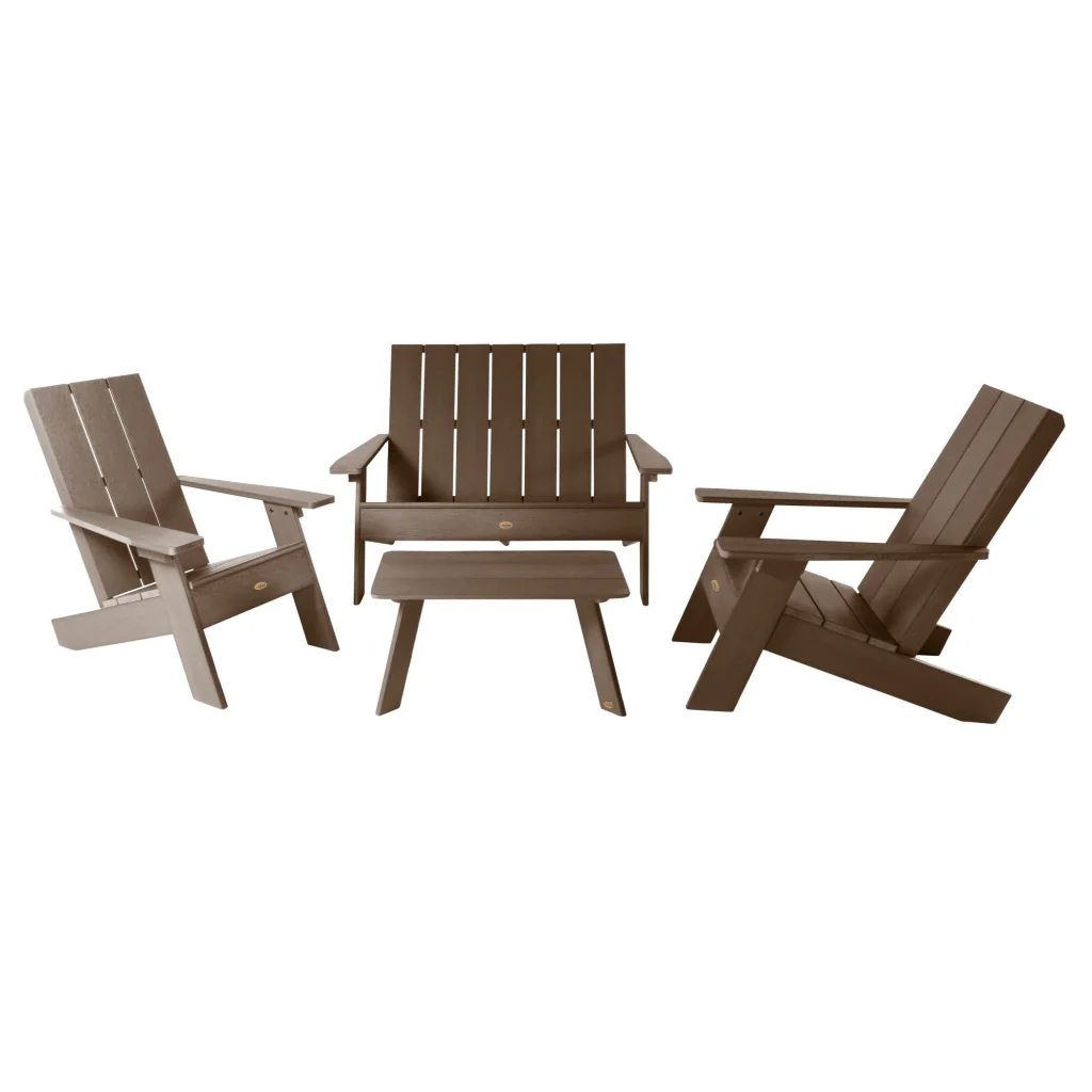Italica Moderna conversation set with bench seat, 2 chairs, and table. make an elegant outdoor furniture set