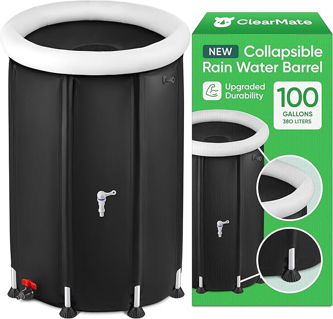Clearmate collapsible 100 gsal rain barrel.