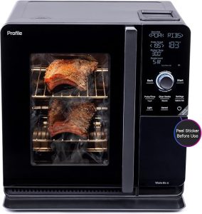 GE PRofile smart indoor pellet smoker with black finish.