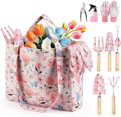 Grenebo 10-piece rust resistant gardening hand tools kit with carrying bag.