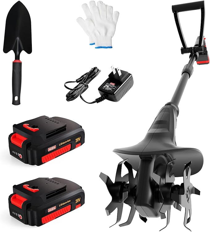 MZK 20V cordless tiller cultivator with 24 steel tines.
