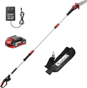 EWork 8-inch cordless pole saw, 20-volt, reaches up to 14.2 feet.