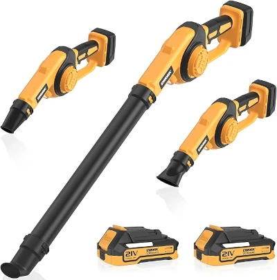 EWork mini cordless leaf blower with 3 heads and extension tube.