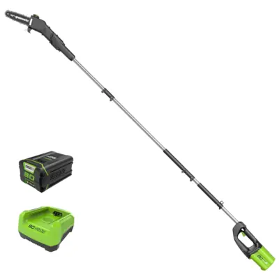 Greenworks 80-volt 10-inch pole saw with 2 amp-hour battery and rapid charger.