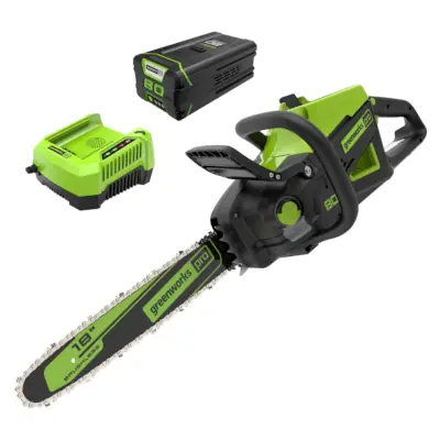 Greenworks 80-volt 18-inch chainsaw with 4 amp-hour battery and rapid charger.