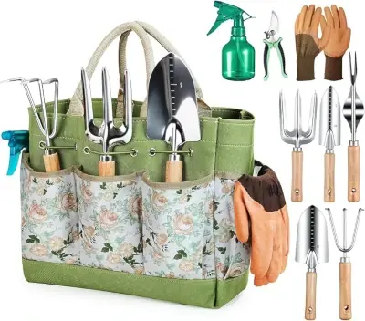 Grenebo 9-piece gardening hand tools with floral-pattern carrying bag.