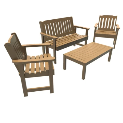 Highwood Lehigh garden conversation set with two chairs, a bench seat, and a table.