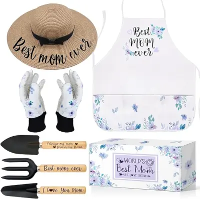 Mother's garden set with hat, gloves, tools, apron, and gift box.