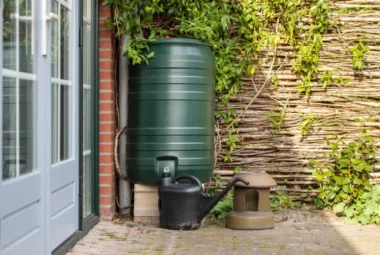A green rain barrel for a home rainwater collection system.