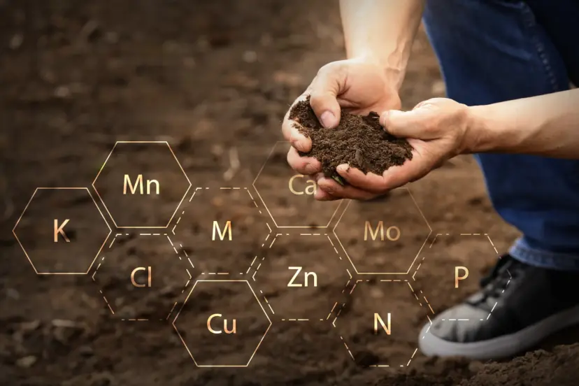 A man with a handful of soil and a diagram showing the important minerals in soil.