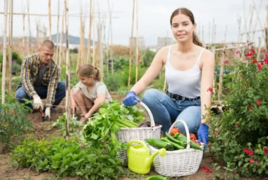 Woman and family gardening.