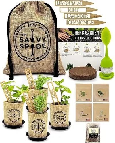 Savvy Spade herbal tea growing kit with lemon balm, mint, lavender, and chamomile.