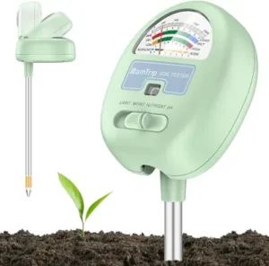Raintrip 4-in-1 soil test meter for pH, nutrients, sunlight, moisture.