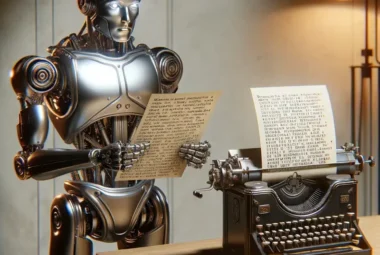 robot writing gibberish witha typewriter.