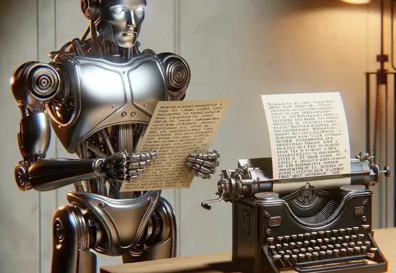 robot writing gibberish witha typewriter.